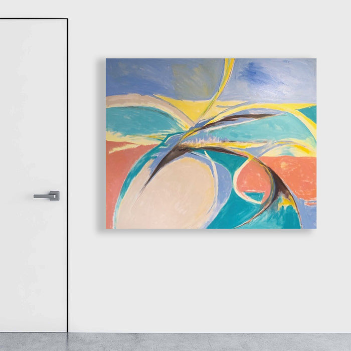 The artwork 'Celebration' by Beth Barry features dynamic abstract curves in vibrant turquoise, coral, and yellow sweeping across a pale canvas. The composition suggests movement with fluid brushstrokes and graceful arcing lines, creating a sense of joyful motion against a soft blue sky background. Acrylic on canvas, 48x60 inches. By Beth Barry.