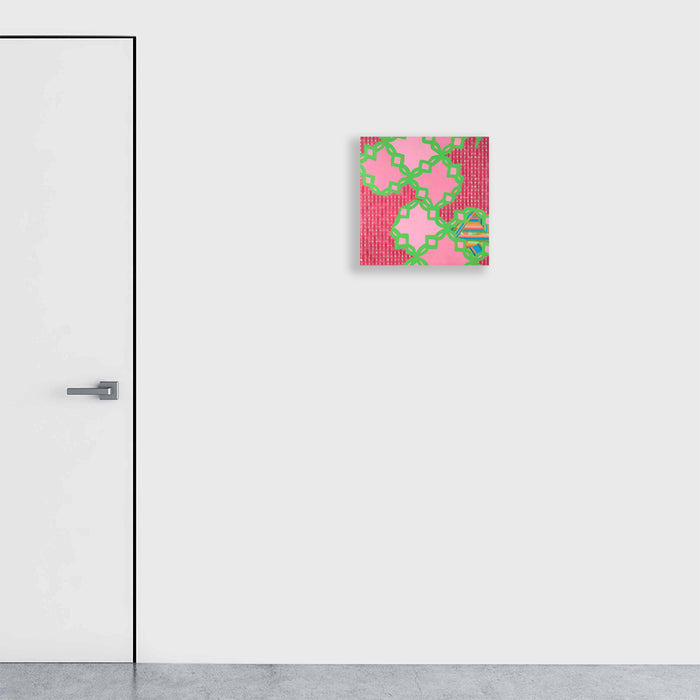 The artwork 'Composition No. 192' by Raul Ortiz features vibrant neon pink and mint green geometric patterns. Abstract shapes create a dynamic interplay of textured stripes and organic forms on linen canvas. Bold brushstrokes in acrylic paint form a striking contemporary composition measuring 18 by 18 inches.