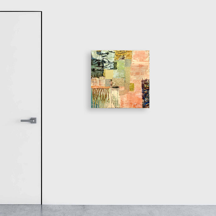 The artwork 'Day Memo' by Molly Herman features an abstract collage composition with layered squares of soft peach, sage green, and muted blue tones. Oil paint and collage elements create textural patches across the 24x24 inch canvas, with delicate brushstrokes blending into distressed paper elements, creating a harmonious patchwork of earthy and pastel hues. By Molly Herman.