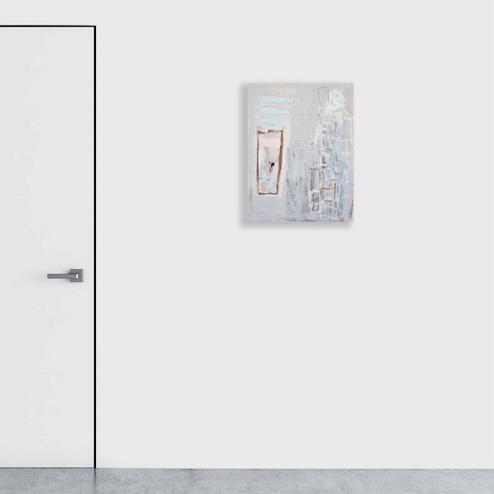The artwork 'I Never Promised You A Rose Garden #1' features an abstract composition with a prominent rust-colored rectangular frame against a misty gray background. Layered textural elements in pale blues and whites create a fragmented, architectural effect. Oil paint on yupo medium adds unique translucent qualities and modern aesthetic appeal. By Petra Nimtz.