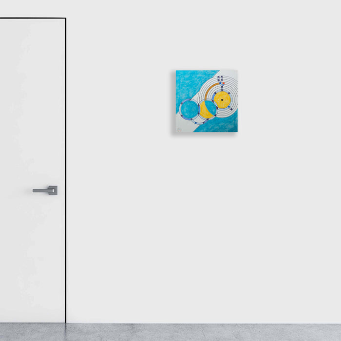 The artwork 'Le Reve' by Gauthier Denoyelle features a whimsical yellow bird character surrounded by circular geometric patterns against a vibrant turquoise background. Created with marker, crayon and pencil on stretched canvas, the piece combines playful illustration with abstract elements, showcasing curved lines and musical notes in a 18x18 inch format by Gauthier Denoyelle.