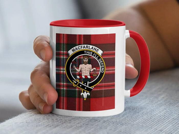 MacFarlane clan crest with tartan pattern mug — 11oz glossy white ceramic, Scottish heritage