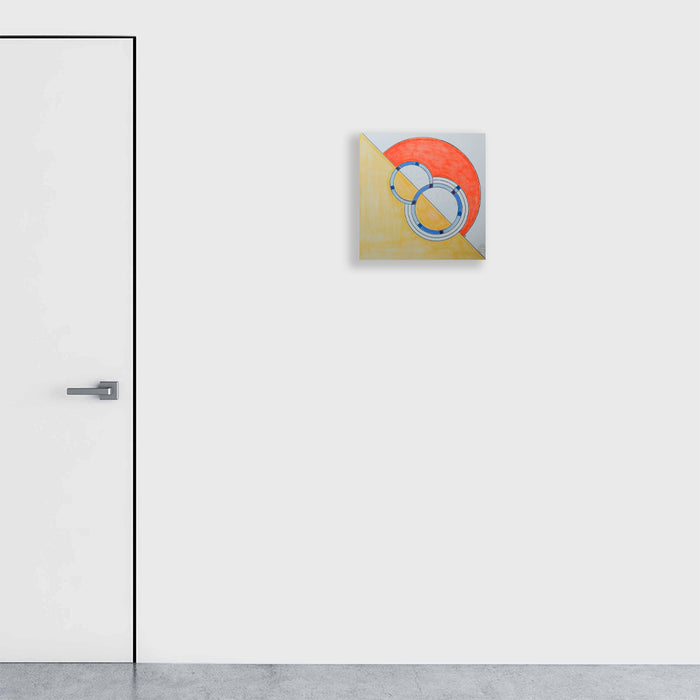 The artwork 'Origines' by Gauthier Denoyelle features a minimalist geometric composition with a vibrant orange-red circle intersecting blue metallic rings against a soft yellow background. Created with marker, crayon and pencil on stretched canvas, this 18x18 inch piece combines bold shapes with subtle color transitions by Gauthier Denoyelle.