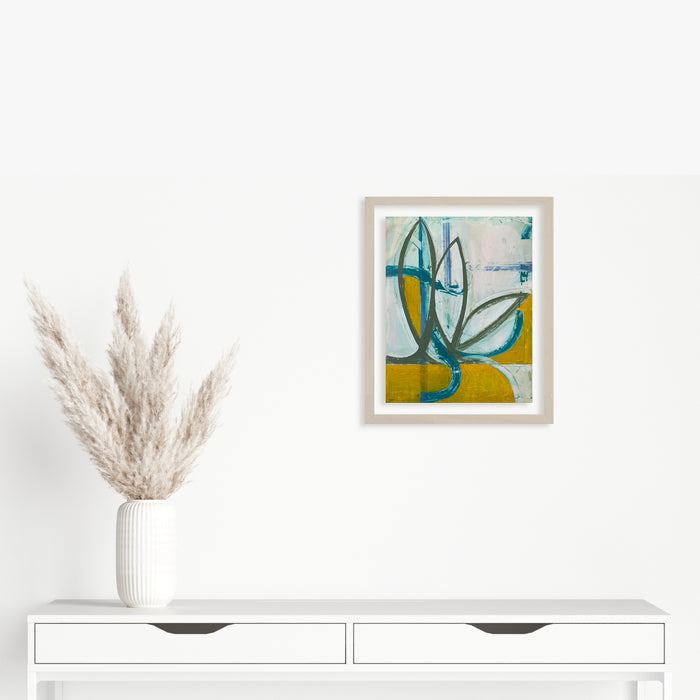 Spring Fling 1 by Janice La Motta features abstract floral forms in vibrant turquoise and yellow. Bold brushstrokes on Yupo paper create a modern, organic composition with flowing lines and dynamic shapes, suggesting springtime movement and growth. The oil pastel technique adds rich texture and ethereal depth to this contemporary artwork by Janice La Motta.