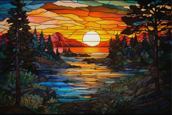 Sunset Lake Scene Stained Glass