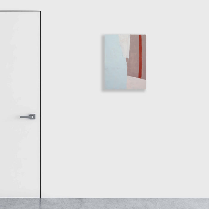 The artwork 'The Other Side of Things #4' by Petra Nimtz features a minimalist abstract composition with geometric shapes in soft pastel colors. Light blue and pale pink blocks are interrupted by a striking vertical red line, creating a subtle interplay of forms on yupo paper. The acrylic collage technique adds depth and texture to the 34x26 inch piece.