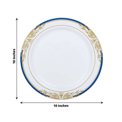 White dinner plate with blue and gold floral design, 10 inches diameter.