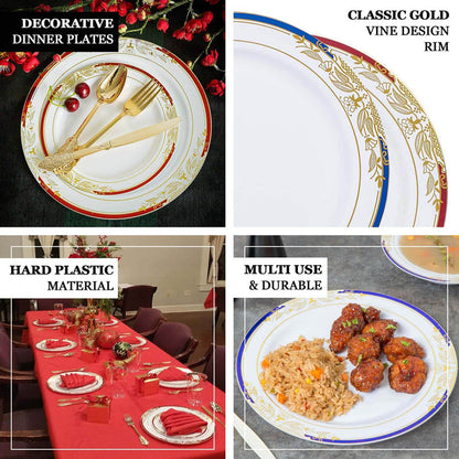 Decorative dinner plates with gold vine design, hard plastic material, multi-use and durable.