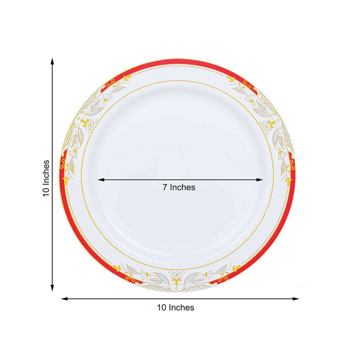 Decorative 10-inch round plate with red and gold floral design.