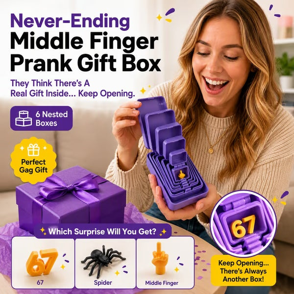 6-Layer Nesting Prank Gift Box | Pick Your Surprise: Middle Finger, Spider or Number 67