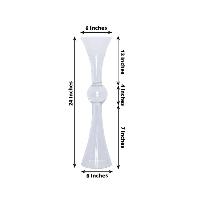 Clear glass vase with a unique hourglass shape, 24 inches tall and 6 inches wide.