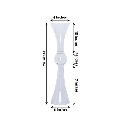 Clear glass vase with a unique hourglass shape, 24 inches tall and 6 inches wide.