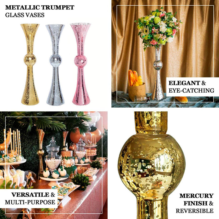 Metallic trumpet glass vases in silver, pink, and gold for elegant decor.