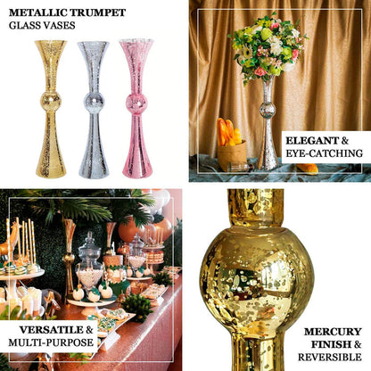 Metallic trumpet glass vases in silver, pink, and gold for elegant decor.
