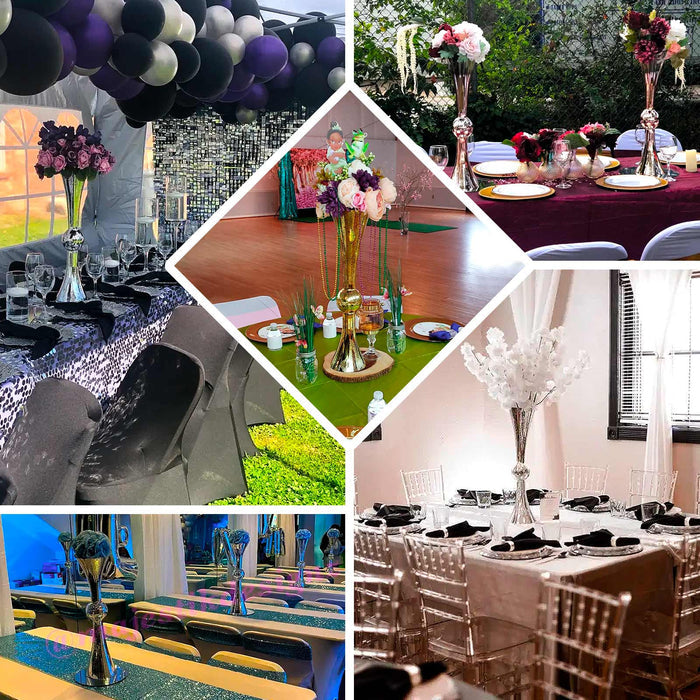 Elegant event table settings with floral centerpieces and decorative accents.