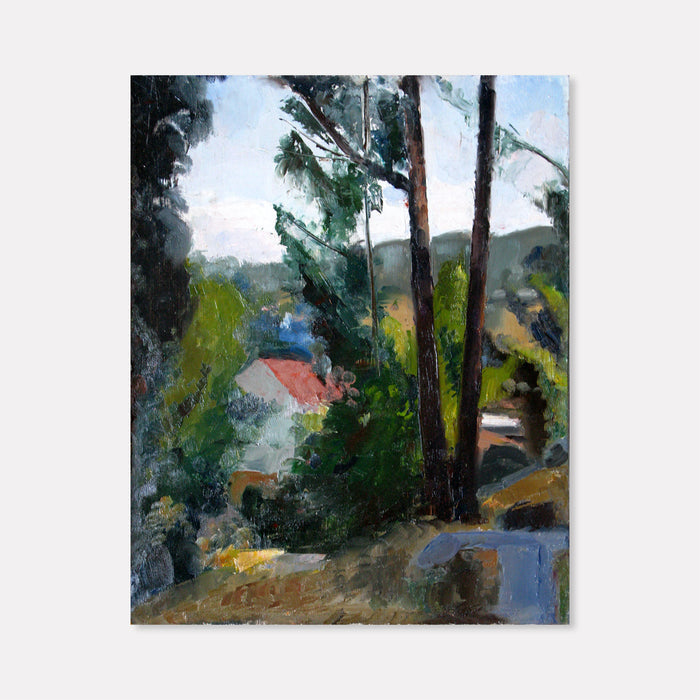 The artwork 'California Woods' by Peter Colquhoun features a serene landscape with tall eucalyptus trees framing a distant red-roofed house. The oil painting captures dappled sunlight through dense foliage, with a winding path leading through the composition. Rich greens and blues dominate the scene, with subtle touches of warm earth tones and a misty atmospheric quality characteristic of California's coastal forests.