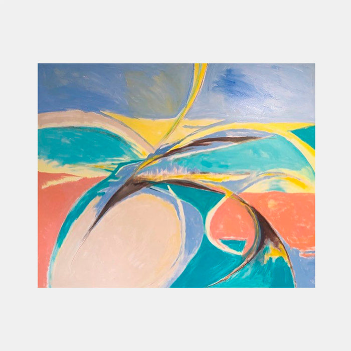 The artwork 'Celebration' by Beth Barry features dynamic curved lines in turquoise, coral, and yellow sweeping across the canvas in an abstract expressionist style. The composition blends soft beige tones with vibrant aqua blues and peachy coral hues, creating a fluid, coastal-inspired movement. Bold brushstrokes and layered acrylic paint create depth and energy in this 48x60 inch canvas by Beth Barry.