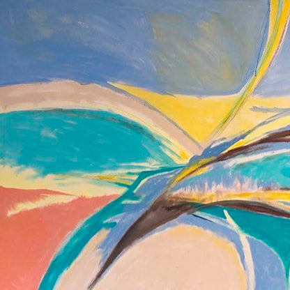 The artwork 'Celebration' by Beth Barry features dynamic abstract brushstrokes in vibrant teal, coral, yellow, and sky blue. Sweeping curved lines intersect across the canvas, creating a sense of movement and joy. The acrylic painting showcases bold color blocking with smooth transitions and energetic compositional flow - Beth Barry