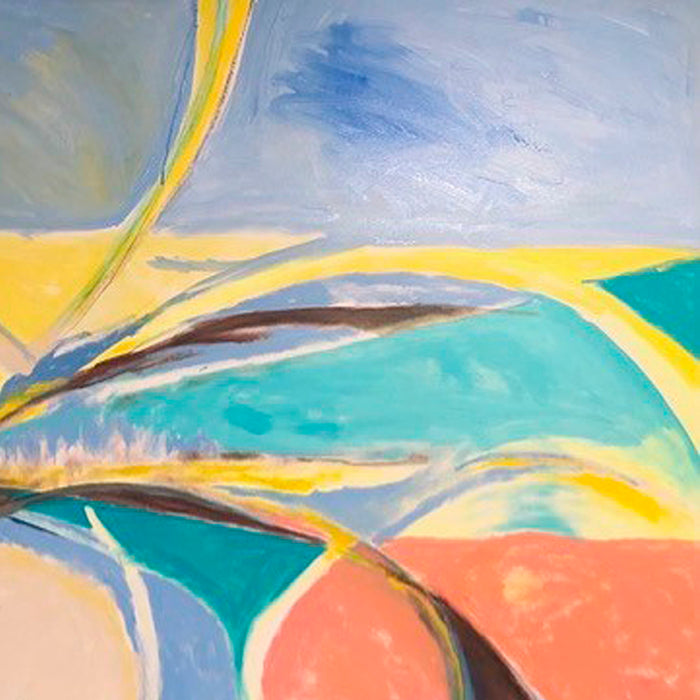 The artwork 'Celebration' by Beth Barry features dynamic abstract curves and sweeping lines in vibrant turquoise, coral pink, and sunny yellow hues. The acrylic on canvas composition creates a sense of movement through flowing brushstrokes and layered colors, with soft blue and gray accents adding depth and atmospheric quality. Bold diagonal elements intersect across the 48x60 inch canvas.