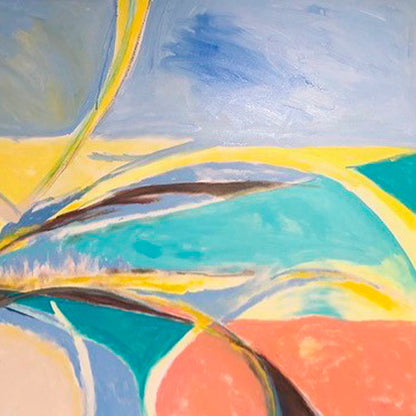The artwork 'Celebration' by Beth Barry features dynamic abstract curves and sweeping lines in vibrant turquoise, coral pink, and sunny yellow hues. The acrylic on canvas composition creates a sense of movement through flowing brushstrokes and layered colors, with soft blue and gray accents adding depth and atmospheric quality. Bold diagonal elements intersect across the 48x60 inch canvas.