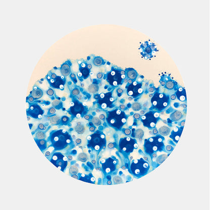 The artwork 'Cerulean Conception' by Eric Jiaju Lee features a circular composition filled with vibrant blue cellular forms and white dots against a cream background. Abstract organic shapes in varying shades of cerulean and azure create a microscopic-like pattern, with one small blue form floating independently outside the main circle. Created in acrylic on canvas by Eric Jiaju Lee.