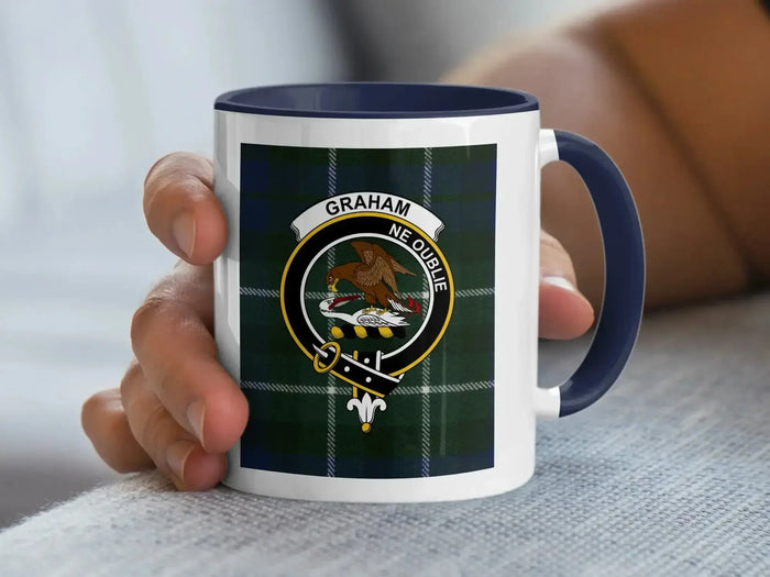 Clan Graham tartan accent mug — 11oz ceramic with falcon crest and Ne Oublie motto, black handle