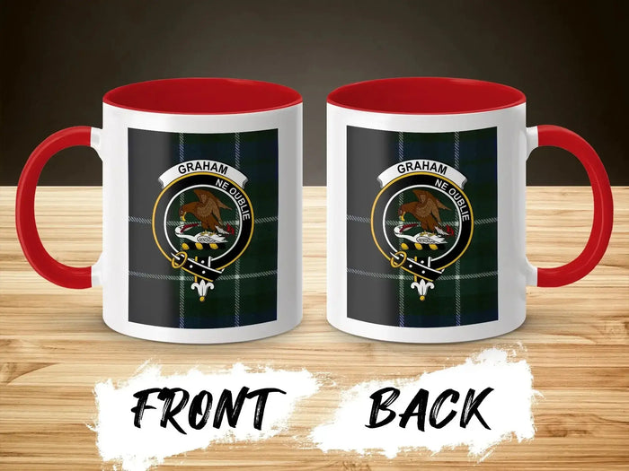 Graham tartan accent mug with red handle — falcon crest print, 15oz ceramic, dishwasher safe