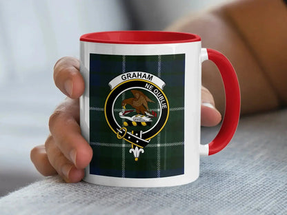 Clan Graham 15oz mug pair — black accent handles, crest on tartan background