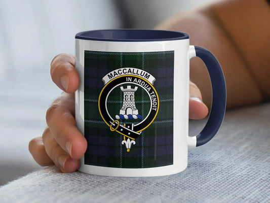 Clan MacCallum tartan crest accent mug — 11 oz ceramic with black handle and interior