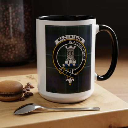 MacCallum clan crest mug with navy handle — In Ardua Tendit tartan design on ceramic