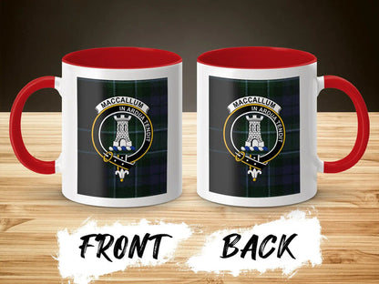 MacCallum tartan crest accent mug with red handle and interior — 11 oz ceramic