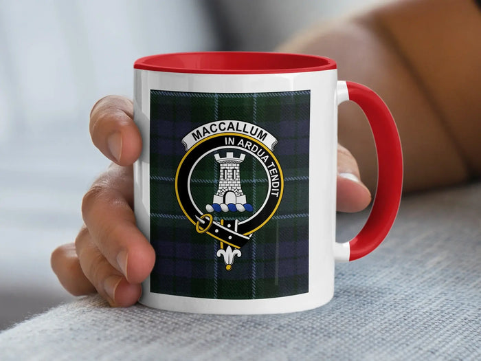 MacCallum clan crest tartan mug — 15 oz version with black handle shown from side