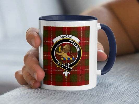 MacFie clan crest tartan accent mug — 11 oz ceramic with black handle and Pro Rege design