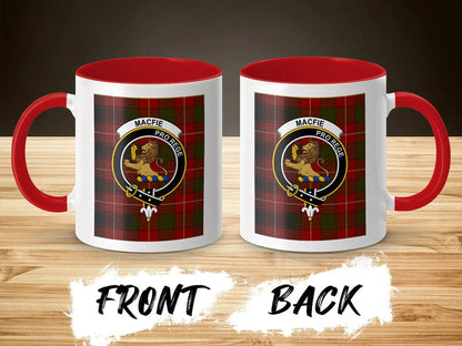 MacFie Pro Rege family crest accent mug — 15 oz ceramic with red handle and interior