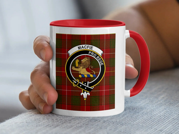 MacFie red tartan clan crest mug in hand — showing full tartan wrap and coloured handle
