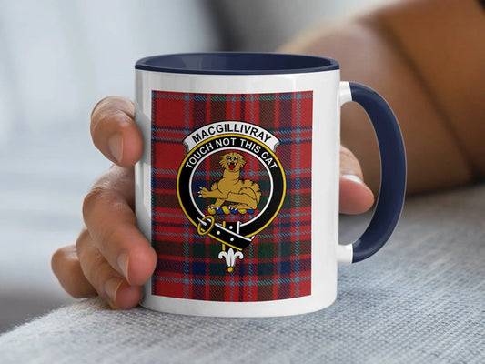 MacGillivray clan crest tartan accent mug — 11 oz ceramic with black handle Touch Not the Cat