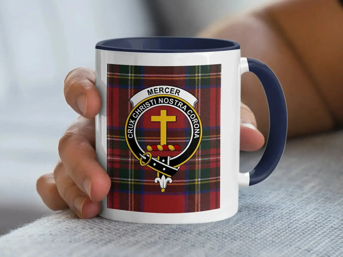 Clan Mercer tartan accent mug — 11 oz ceramic with black handle and Crux Christi crest print