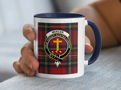 Clan Mercer tartan accent mug — 11 oz ceramic with black handle and Crux Christi crest print