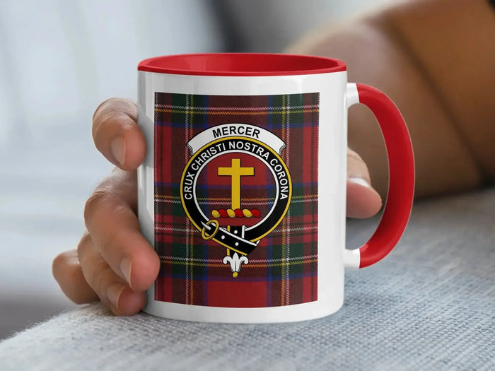 Mercer tartan crest accent mug — 15 oz with black handle, Scottish clan heritage design