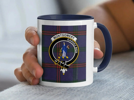 Clan Montgomery tartan accent mug with black handle — 11oz glossy ceramic with Gardez Bien crest