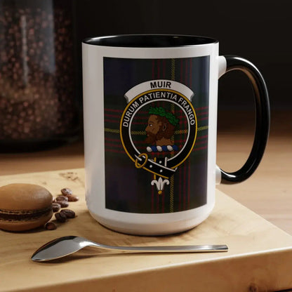 Muir clan crest mug in navy — 15oz ceramic showing Durum Patientia Frango motto and tartan