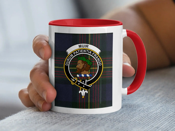 Muir Durum Patientia Frango clan crest coffee mug — 11oz ceramic with black handle and tartan
