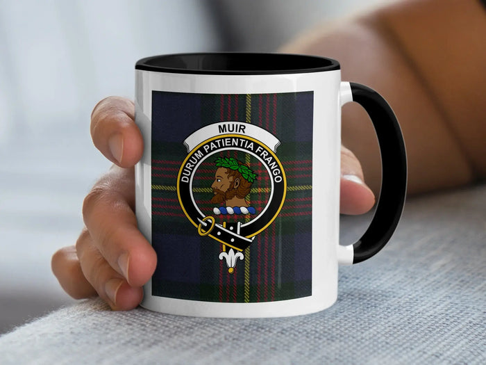 Muir clan crest tartan plaid design mug — 15oz glossy ceramic showing full pattern