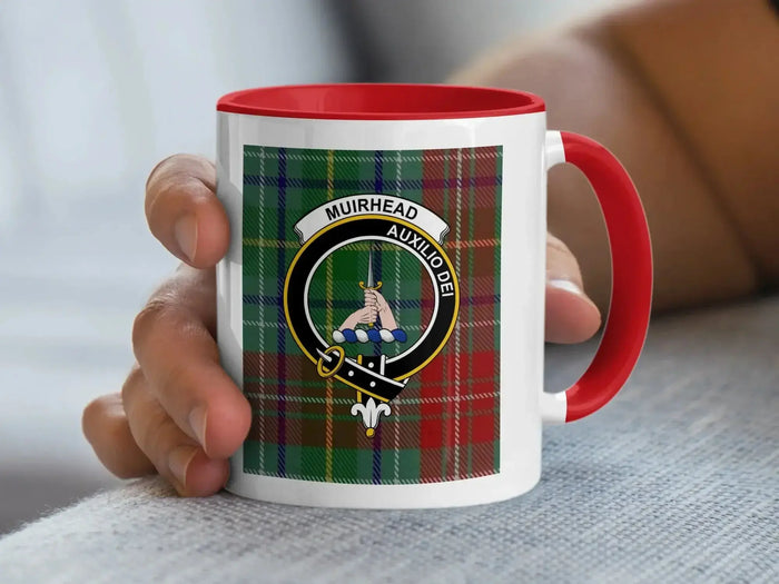 Muirhead clan tartan accent mug in red colourway — 11oz ceramic with Auxilio Dei crest