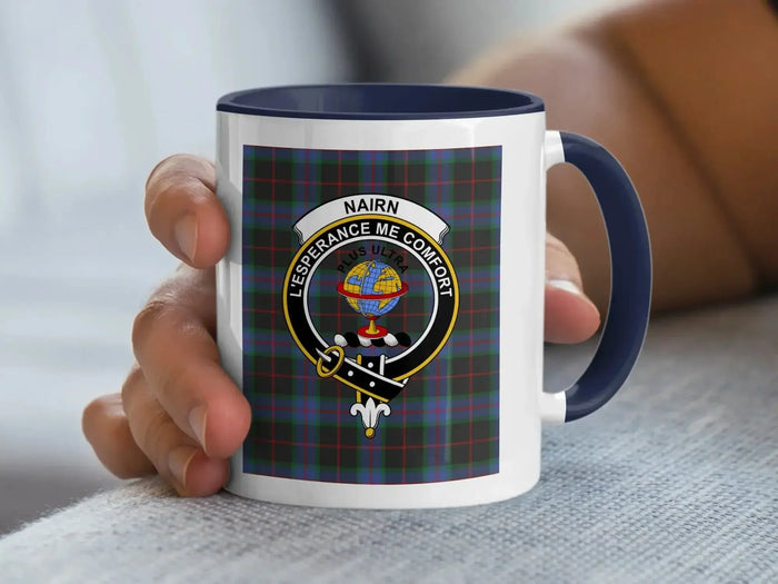 Clan Nairn tartan accent mug — 11 oz ceramic with black handle and L'Espérance crest print