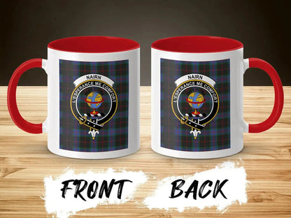 Clan Nairn L'Espérance Me Conforte tartan mug — glossy ceramic, navy accent handle, 11 oz
