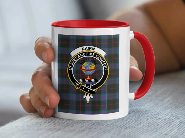 Nairn tartan crest accent mug — 15 oz with black handle, Scottish clan heritage design