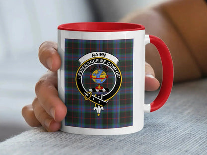 Nairn tartan crest accent mug — 15 oz with black handle, Scottish clan heritage design