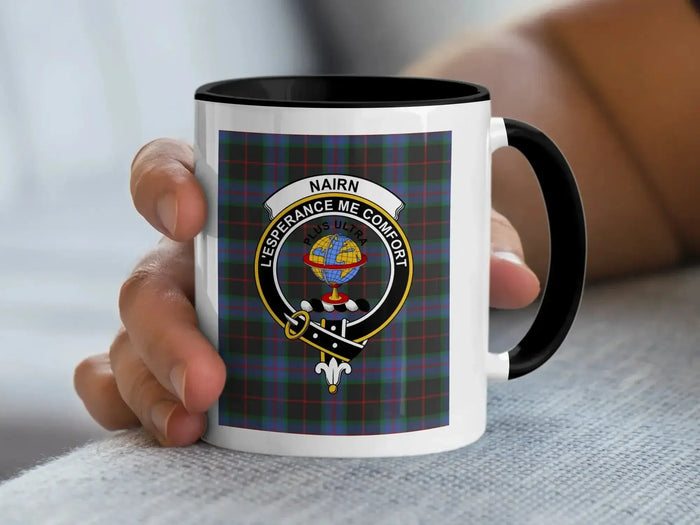 Clan Nairn crest coffee mug — 11 oz ceramic with red handle and tartan plaid print