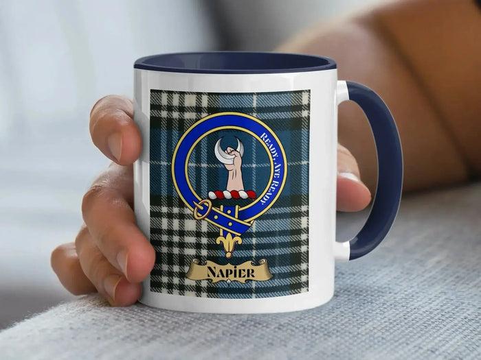 Clan Napier tartan accent mug — 11oz ceramic with black handle and crest design